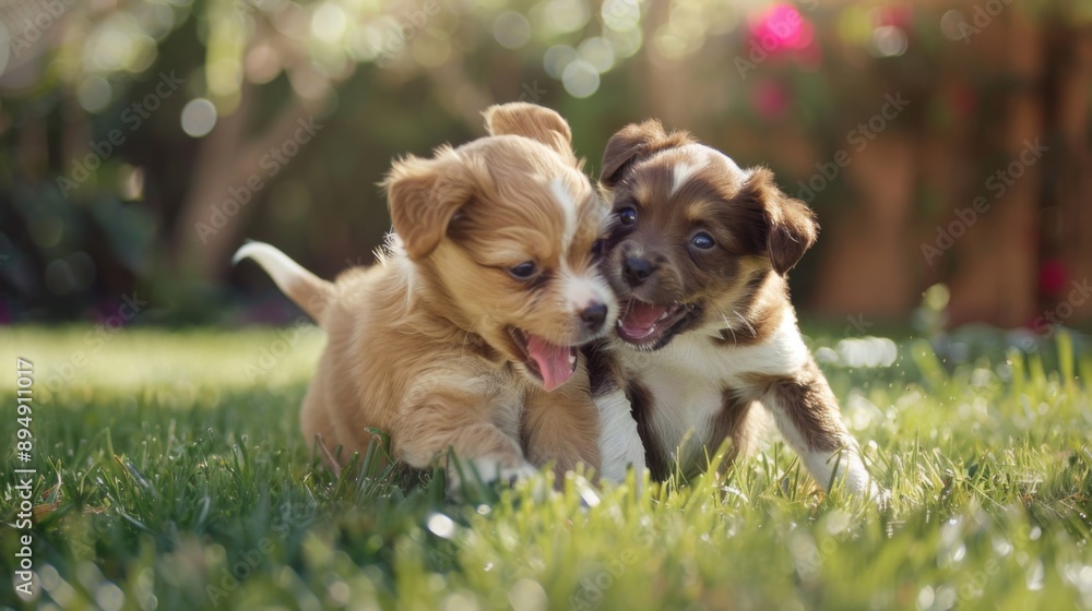 Two energetic puppies wrestling playfully in a backyard garden, with tongues out and tails wagging. Two energetic puppies wrestling playfully in a backyard garden, with tongues out and tails wagging.