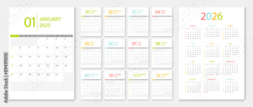 Calendar 2025, calendar 2026 week start Sunday corporate design template vector.