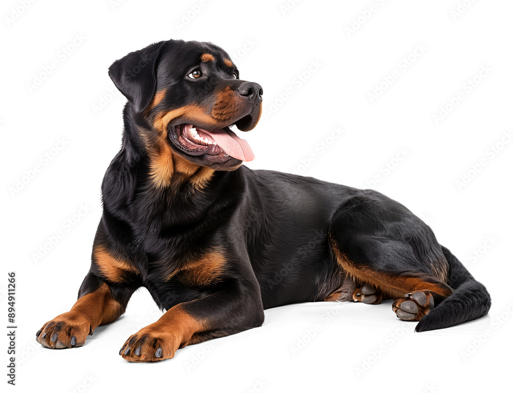 Rottweiler dog on relaxing sitting position on isolated background Rottweiler dog on relaxing sitting position on isolated background