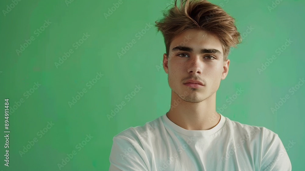 a stylish young man in casual attire against a green backdrop, perfect for showcasing text or messaging a stylish young man in casual attire against a green backdrop, perfect for showcasing text or messaging