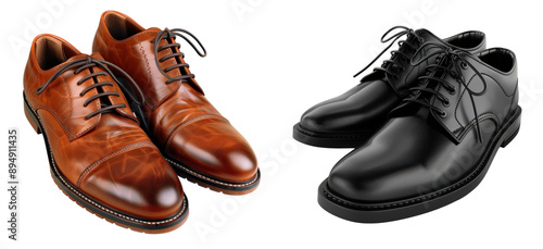 Two shoes, one brown and one black, are shown side by side on a transparent background.