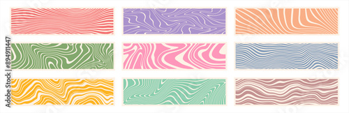 Banners, headers, elongated 4:1 rectangles set. Groovy hand drawn stripes, doodle uneven lines, waves, organic liquid marble stains retro backgrounds collection. Rectangle label, sticker templates.