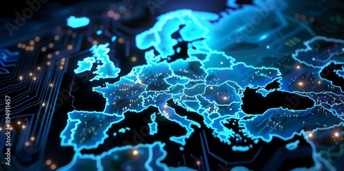 Map of Western Europe with digital elements, idea of an EU network and connectivity, data transfer and cyber technology, business and information exchange. photo