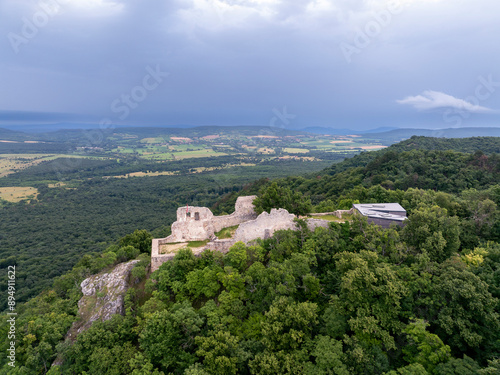 Aerial view about the castle Rezi (Hungarian name is Rezi Var) This is an historical ancient fort ruins in Balaton uplands region. Built in XI. century. Famous hiking place in this region free entry