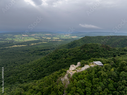 Aerial view about the castle Rezi (Hungarian name is Rezi Var) This is an historical ancient fort ruins in Balaton uplands region. Built in XI. century. Famous hiking place in this region free entry photo