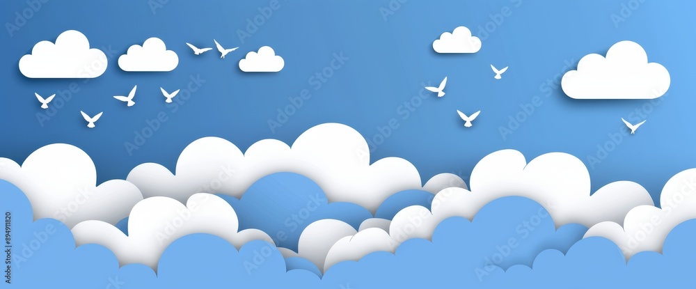 A blue sky, white clouds, free birds flying, summer or spring A blue sky, white clouds, free birds flying, summer or spring
