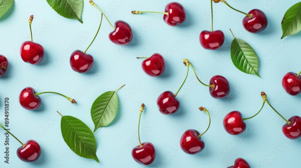 A playful pattern of cherries and cherry leaves, with a light blue background for a fresh look, high-resolution photo, realistic photo, hyper realistic A playful pattern of cherries and cherry leaves, with a light blue background for a fresh look, high-resolution photo, realistic photo, hyper realistic