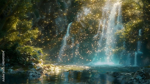 Wallpaper Mural Enchanted waterfall cascading into a pool of shimmering, magical water Torontodigital.ca