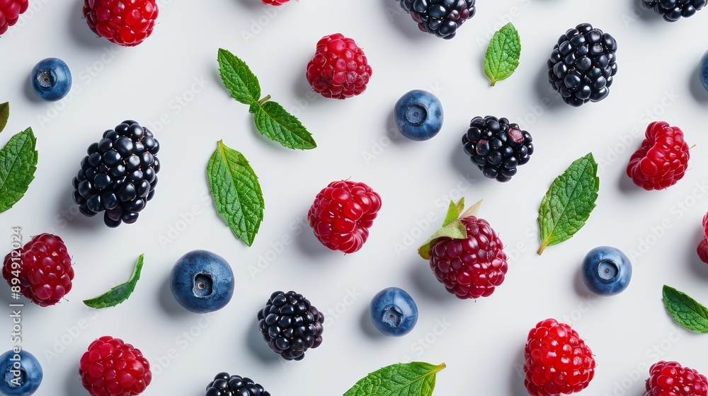 A playful pattern of mixed berries and mint leaves, with a fresh and summery feel, high-resolution photo, realistic photo, hyper realistic A playful pattern of mixed berries and mint leaves, with a fresh and summery feel, high-resolution photo, realistic photo, hyper realistic