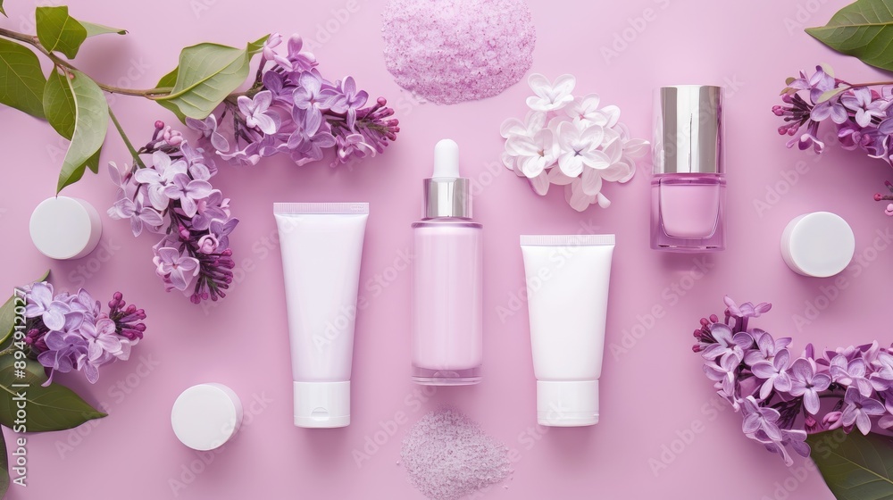 Skin care concept Cosmetic products in white packaging on pink background with lilac flowers for rejuvenation and moisturizing Skin care concept Cosmetic products in white packaging on pink background with lilac flowers for rejuvenation and moisturizing
