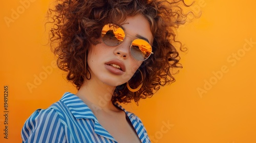 a woman in a confident pose, with curly hair and a summer outfit, against an orange background, with clear space available for text integration