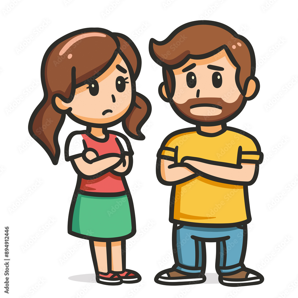 illustration of a married couple of husband and wife having a maritial conflict, running out of arguments, being wordless and annoyed illustration of a married couple of husband and wife having a maritial conflict, running out of arguments, being wordless and annoyed