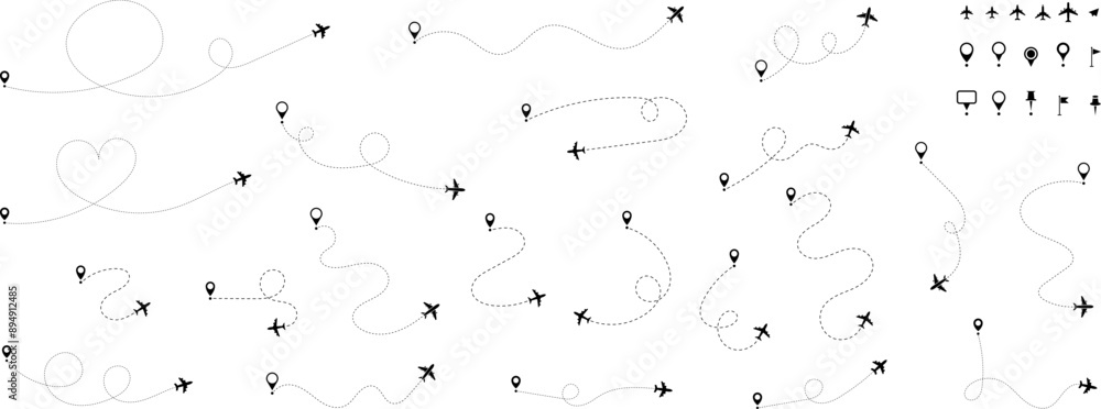 Airplane routes set. Air plane flight route with start point and line trace. Aircraft tracking, plane paths, travel, map and location pins. Vector illustration. Airplane routes set. Air plane flight route with start point and line trace. Aircraft tracking, plane paths, travel, map and location pins. Vector illustration.