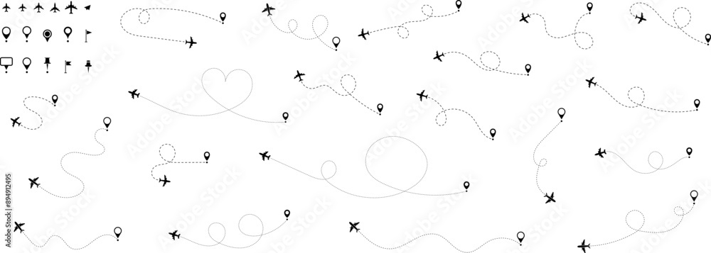 Airplane routes set. Air plane flight route with start point and line trace. Aircraft tracking, plane paths, travel, map and location pins. Vector illustration. Airplane routes set. Air plane flight route with start point and line trace. Aircraft tracking, plane paths, travel, map and location pins. Vector illustration.