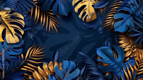 Blue and gold tropical leaves Monstera, palm photo