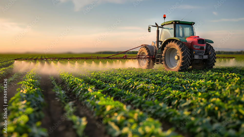 Tractor spraying pesticides on agriculture field for fertilizing vegetables and plants Tractor spraying pesticides on agriculture field for fertilizing vegetables and plants