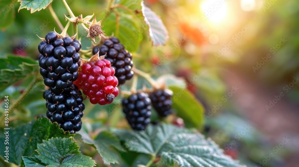 Blackberries on bush with single ripe berry text space Blackberries on bush with single ripe berry text space
