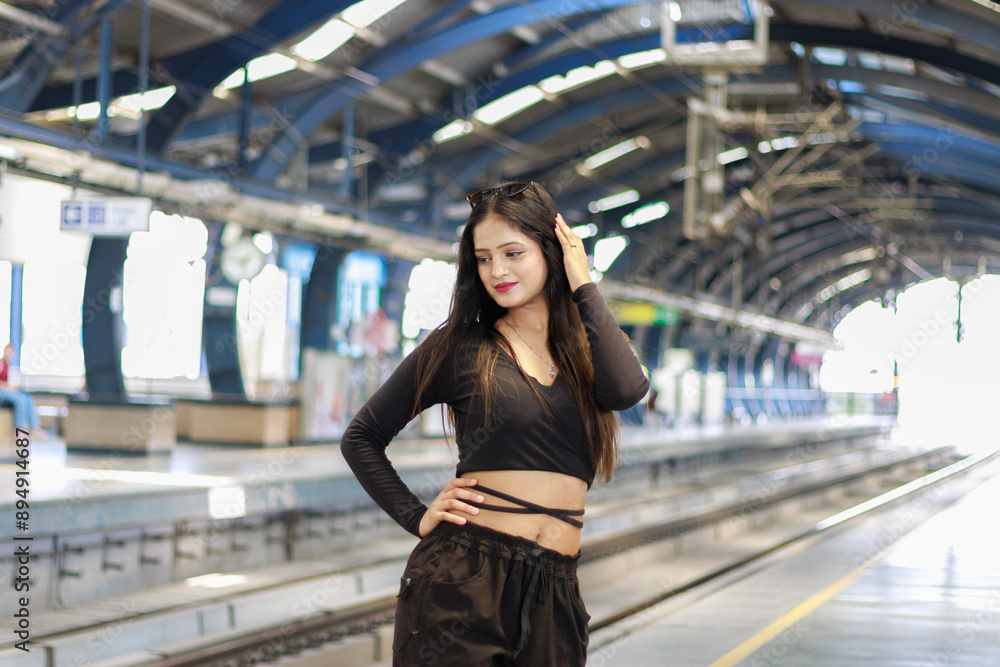 Fototapeta premium Young woman standing on a metro station platform and waiting for a metro train. People travel in public transport concept.