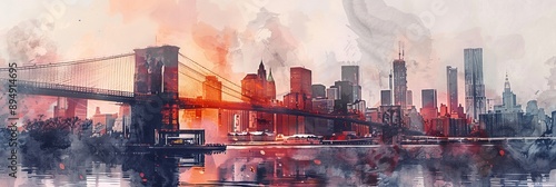 Brooklyn Bridge and NYC Skyline in Watercolor - A watercolor painting of the Brooklyn Bridge with the New York City skyline in the background. The painting captures the iconic bridge and the city's en
