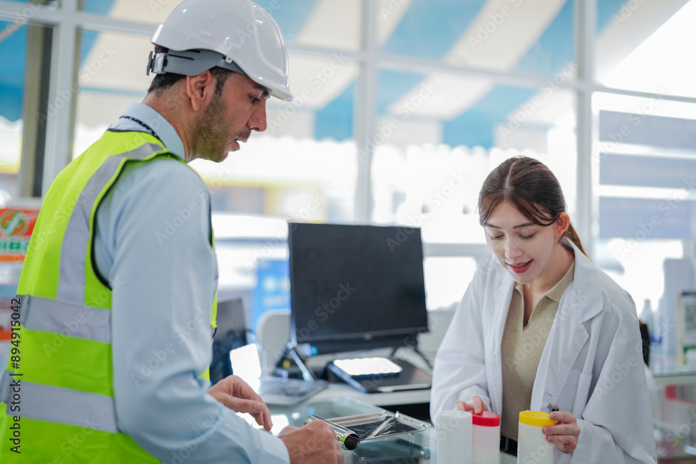 A female pharmacist is talking with a construction worker who needs medicine for pain and discomfort. Pharmacist in a pharmacy with medicines on shelves A female pharmacist is talking with a construction worker who needs medicine for pain and discomfort. Pharmacist in a pharmacy with medicines on shelves