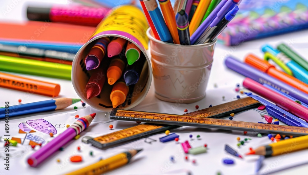 Detailed photo of vibrant school supplies, perfect for creative educational settings. Detailed photo of vibrant school supplies, perfect for creative educational settings.