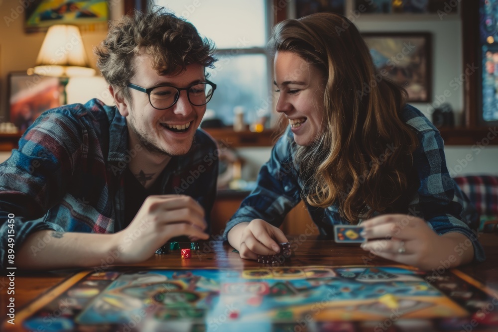 Fototapeta premium Portrait of a glad couple in their 20s playing a board game