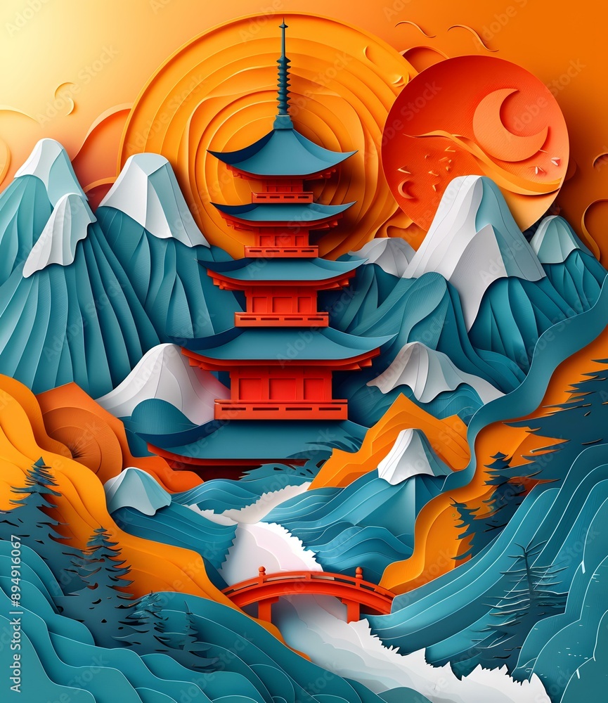 Paper Cut Art Of Japanese Pagoda Mountains And Bridge Paper Cut Art Of Japanese Pagoda Mountains And Bridge