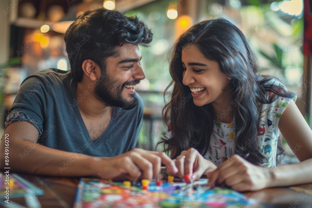 Portrait of a happy indian couple in their 20s playing a board game Portrait of a happy indian couple in their 20s playing a board game