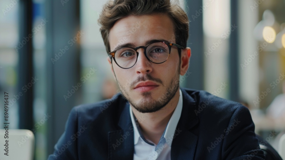 Confident Young Businessman in Glasses Looking at Camera - A young, confident man in a suit and glasses looks directly at the camera, conveying a sense of professionalism, determination Confident Young Businessman in Glasses Looking at Camera - A young, confident man in a suit and glasses looks directly at the camera, conveying a sense of professionalism, determination