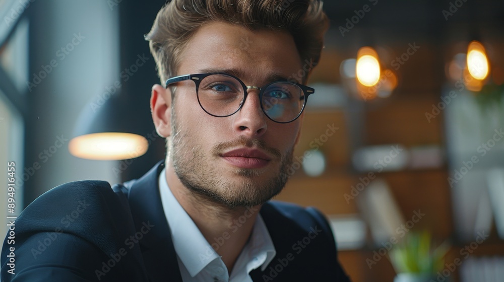 Confident Businessman in Glasses Looking Directly at Camera - A confident businessman wearing glasses and a suit jacket looks directly at the camera Confident Businessman in Glasses Looking Directly at Camera - A confident businessman wearing glasses and a suit jacket looks directly at the camera