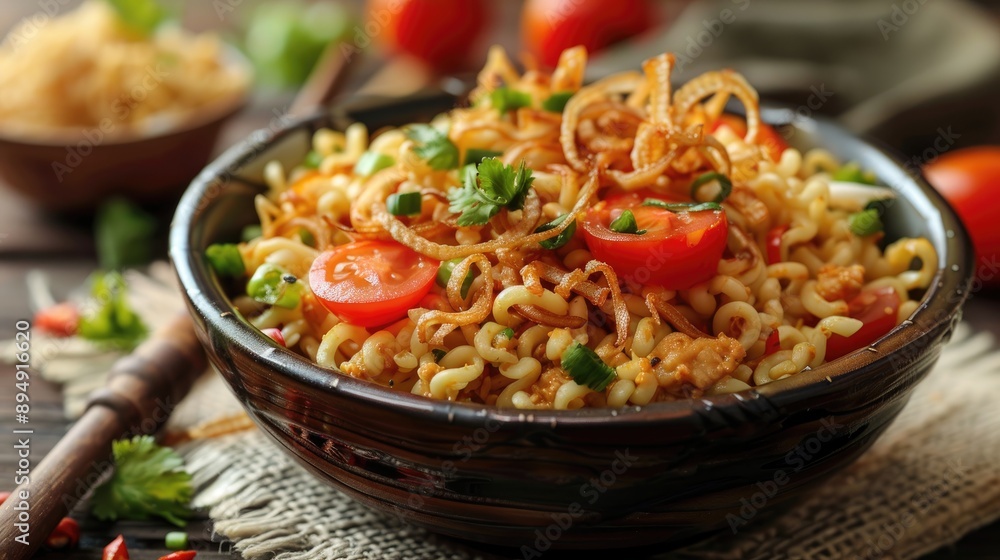 Indonesian favorite Tomatoes and fried onions top curry instant noodles in bowl Photo Indonesian favorite Tomatoes and fried onions top curry instant noodles in bowl Photo