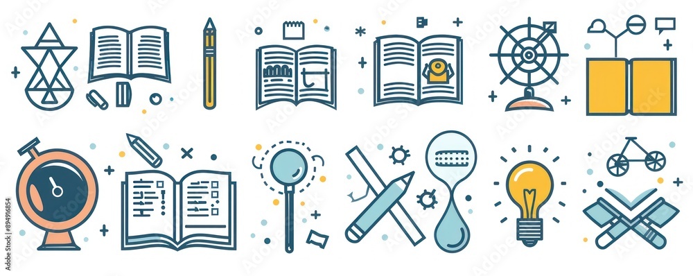 School-themed lineal icons designed for simplicity and clarity in educational graphics. School-themed lineal icons designed for simplicity and clarity in educational graphics.