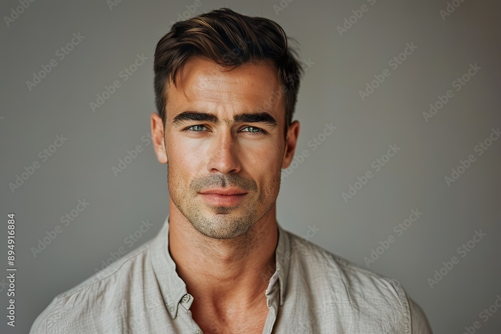 Portrait of a handsome man with short, neatly styled hair. Portrait of a handsome man with short, neatly styled hair.