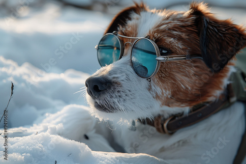 chien portant des lunettes en hiver, neige, mignon et adorable, nature animal de compagnie photo