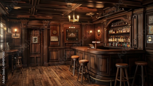 Wallpaper Mural Cozy Wooden Bar Interior with Warm Lighting - The interior of a rustic wooden bar with dark wood paneling, a bar counter, stools Torontodigital.ca