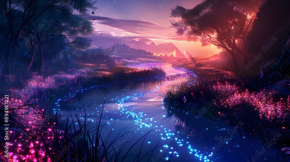Fototapeta premium Mystical river winding through a dreamlike landscape of glowing flora