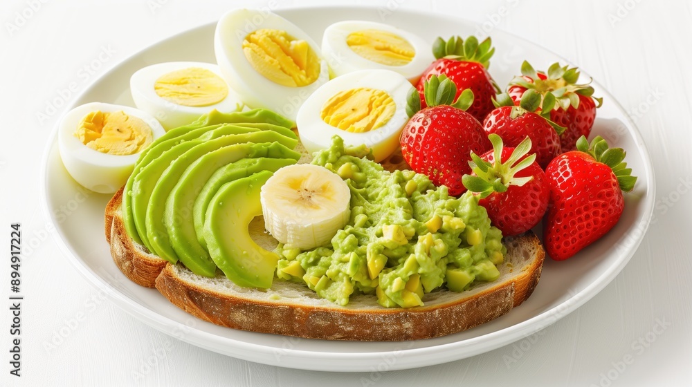 Breakfast plate with avocado, boiled eggs, strawberries, and banana. Healthy eating and nutrition concepts. Breakfast plate with avocado, boiled eggs, strawberries, and banana. Healthy eating and nutrition concepts.