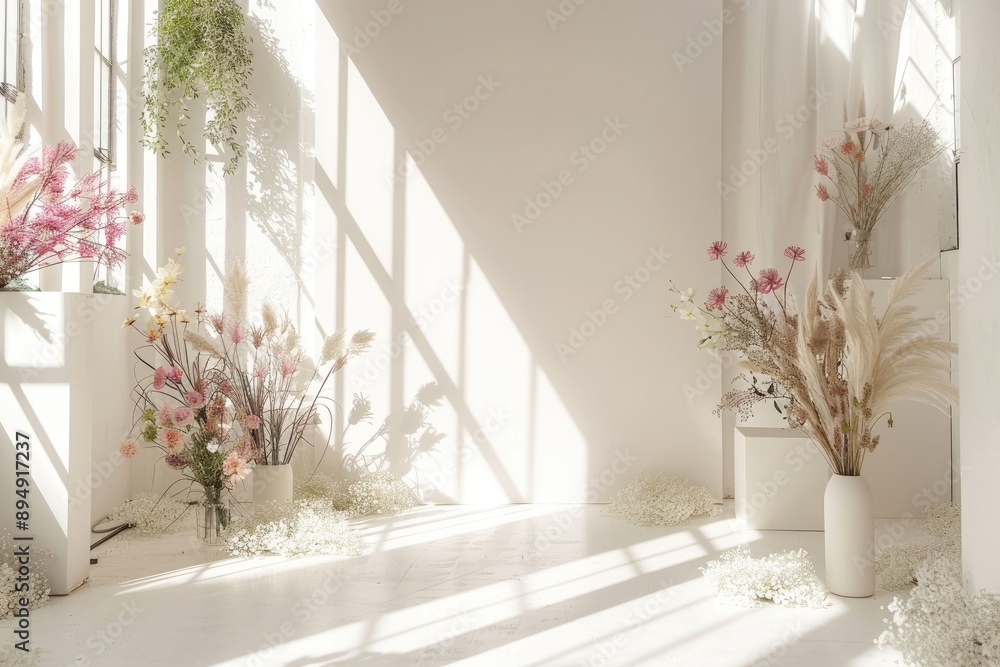 Wedding backdrop aesthetic flower minimalist decoration sunlight studio indoor white background Wedding backdrop aesthetic flower minimalist decoration sunlight studio indoor white background