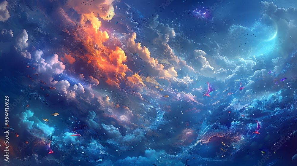 Dreamlike ocean with glowing, colorful waves and magical sea creatures Dreamlike ocean with glowing, colorful waves and magical sea creatures