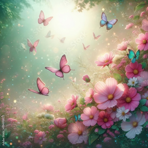 ethereal scene with pink flowers with green foliage and butterflies