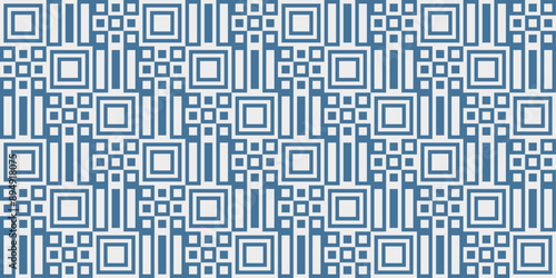 Blue and white pattern of repeating tiles in lines, checkers, and rings. Alternating black and white shapes.