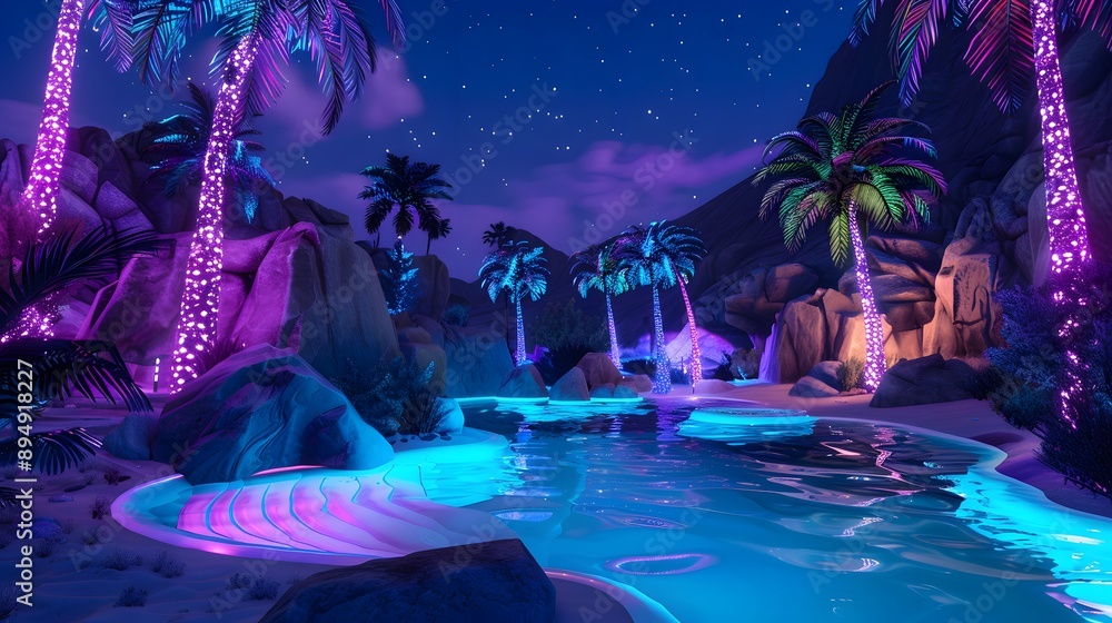 Fototapeta premium Ethereal desert oasis with glowing, colorful palm trees and a shimmering, magical pool
