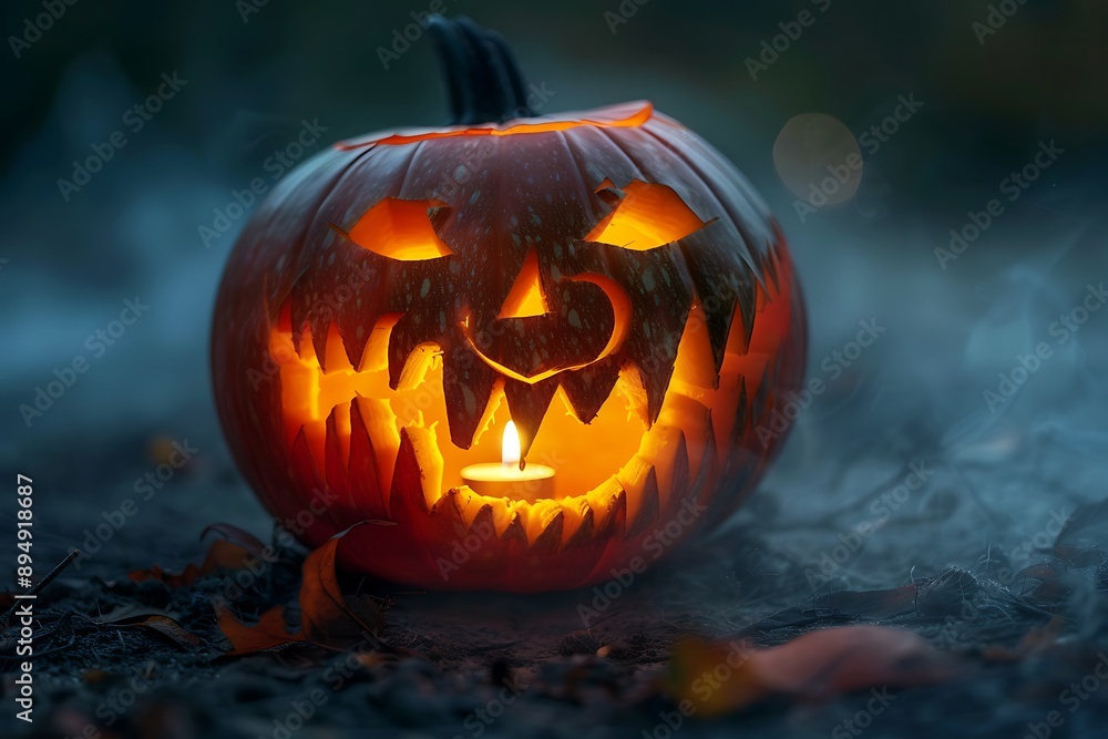 A carved pumpkin with a spooky face lit from within by a flickering candle set against a dark misty background The eerie glow highlights the intricate details of the carving A carved pumpkin with a spooky face lit from within by a flickering candle set against a dark misty background The eerie glow highlights the intricate details of the carving