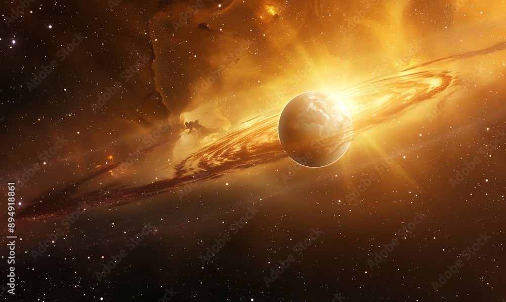 Obraz premium A glowing nebula wrapping around a distant planet, with swirling galaxies in the background