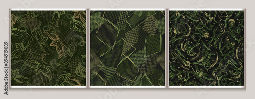 Seamless khaki green camouflage patterns with horoscope signs, head carnival mask, scattered tulle patches. Dense random composition. Grunge texture