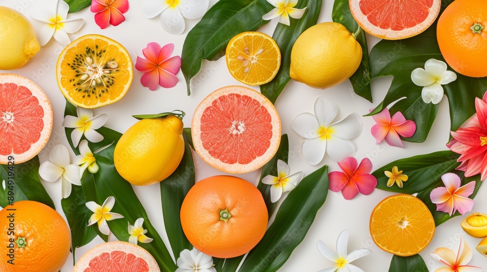 A vibrant pattern of citrus fruits and tropical flowers, creating a lush and exotic look, high-resolution photo, realistic photo, hyper realistic A vibrant pattern of citrus fruits and tropical flowers, creating a lush and exotic look, high-resolution photo, realistic photo, hyper realistic