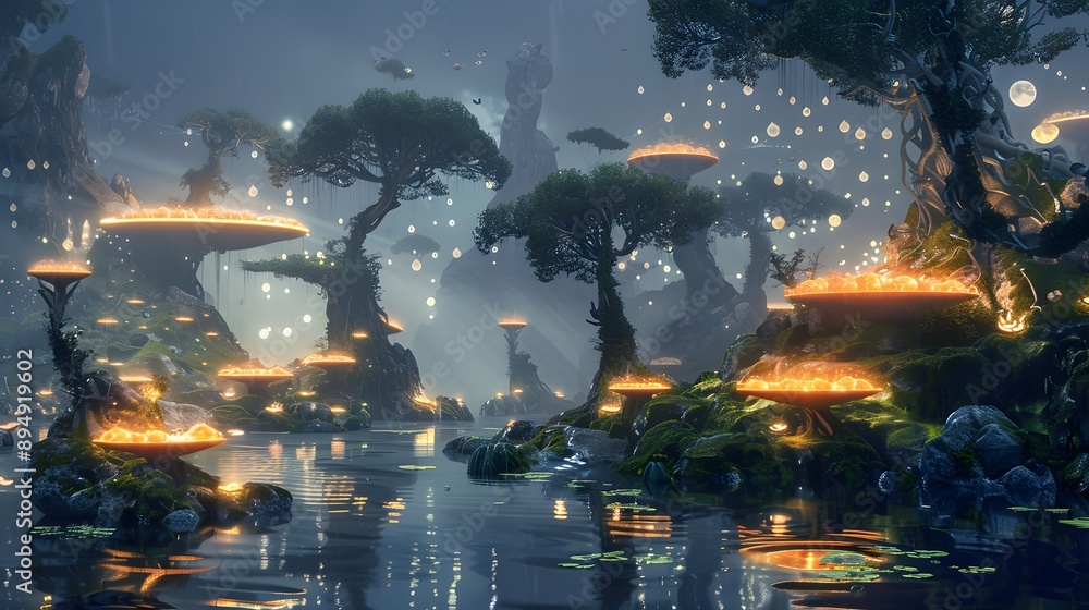 Obraz premium Dreamlike lake with floating, glowing islands and magical creatures