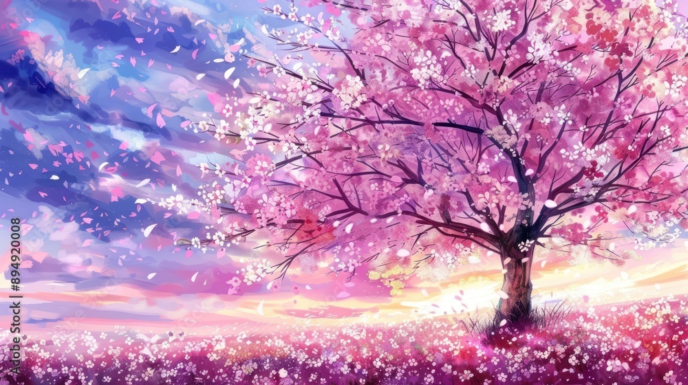 Obraz premium Beautiful sunset over a field with a cherry blossom tree.