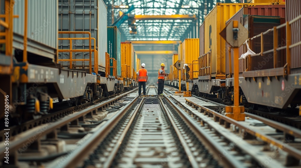 rail yard with trains carrying freight containers and workers loading rail yard with trains carrying freight containers and workers loading