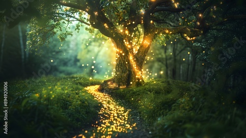 Mystical forest path leading to a glowing, enchanted tree with luminescent leaves © Aphisit